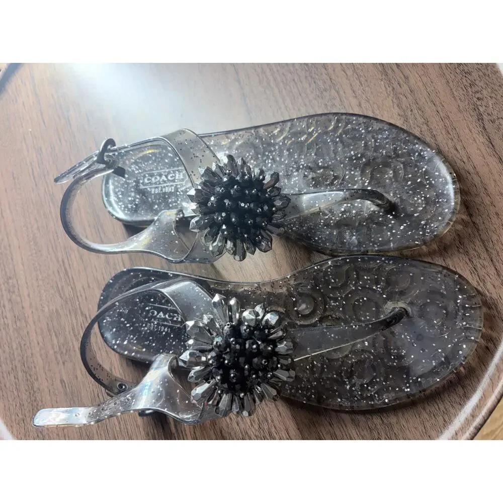 Coach Hilda Black Glitter Jelly Sandals Crystal Beaded Flower Thong